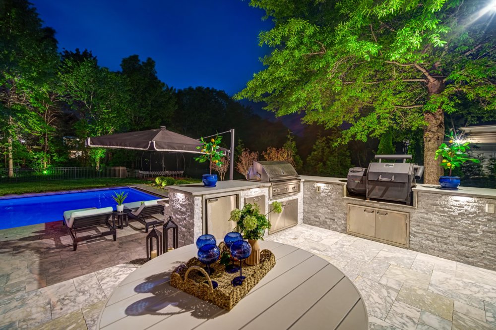 Outdoor kitchen detail at dusk