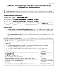 Certificate Showing Property does Not have Mold Damage